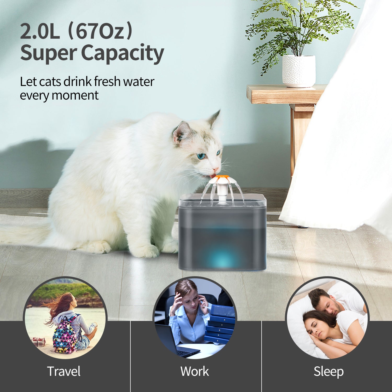 Cat Water Fountain with LED water Level Display (USB powered, 2L) - Nekoby Cat Water Fountain with LED water Level Display (USB powered, 2L)