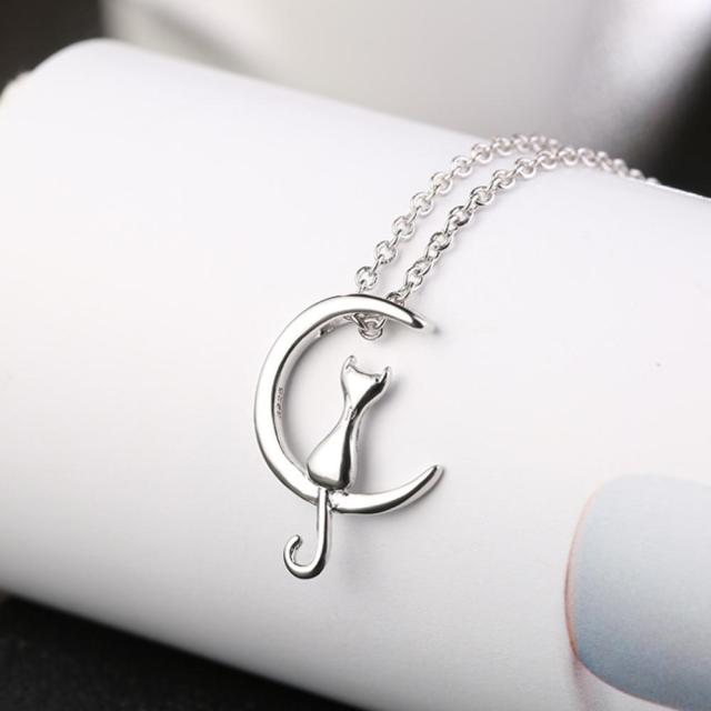 Silver Plated Necklace Cute Moon Cat Necklace For Women - Nekoby Silver Plated Necklace Cute Moon Cat Necklace For Women silver