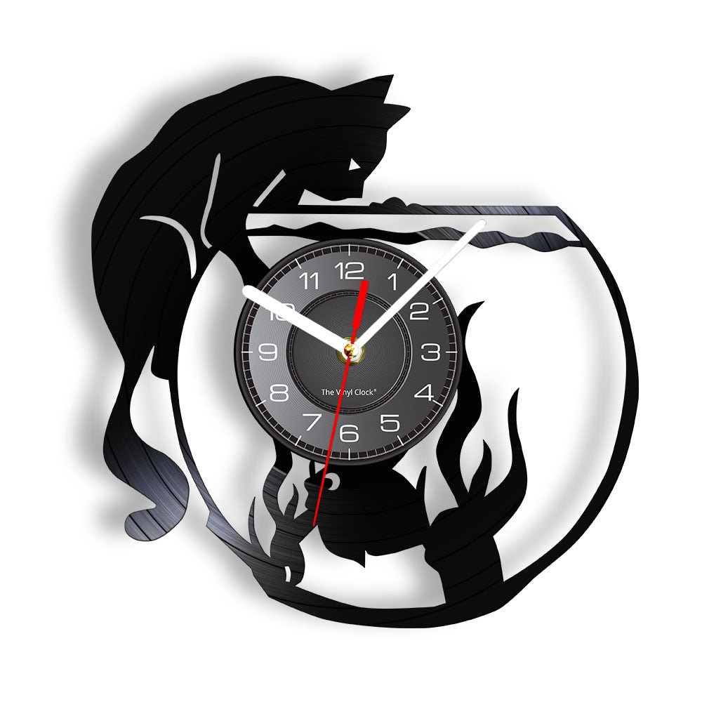 Cat Catching Fish Art Silent Quartz Wall Clock - Vinyl record style - Nekoby Cat Catching Fish Art Silent Quartz Wall Clock - Vinyl record style