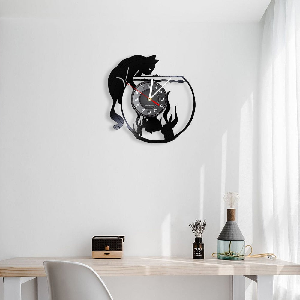 Cat Catching Fish Art Silent Quartz Wall Clock - Vinyl record style - Nekoby Cat Catching Fish Art Silent Quartz Wall Clock - Vinyl record style