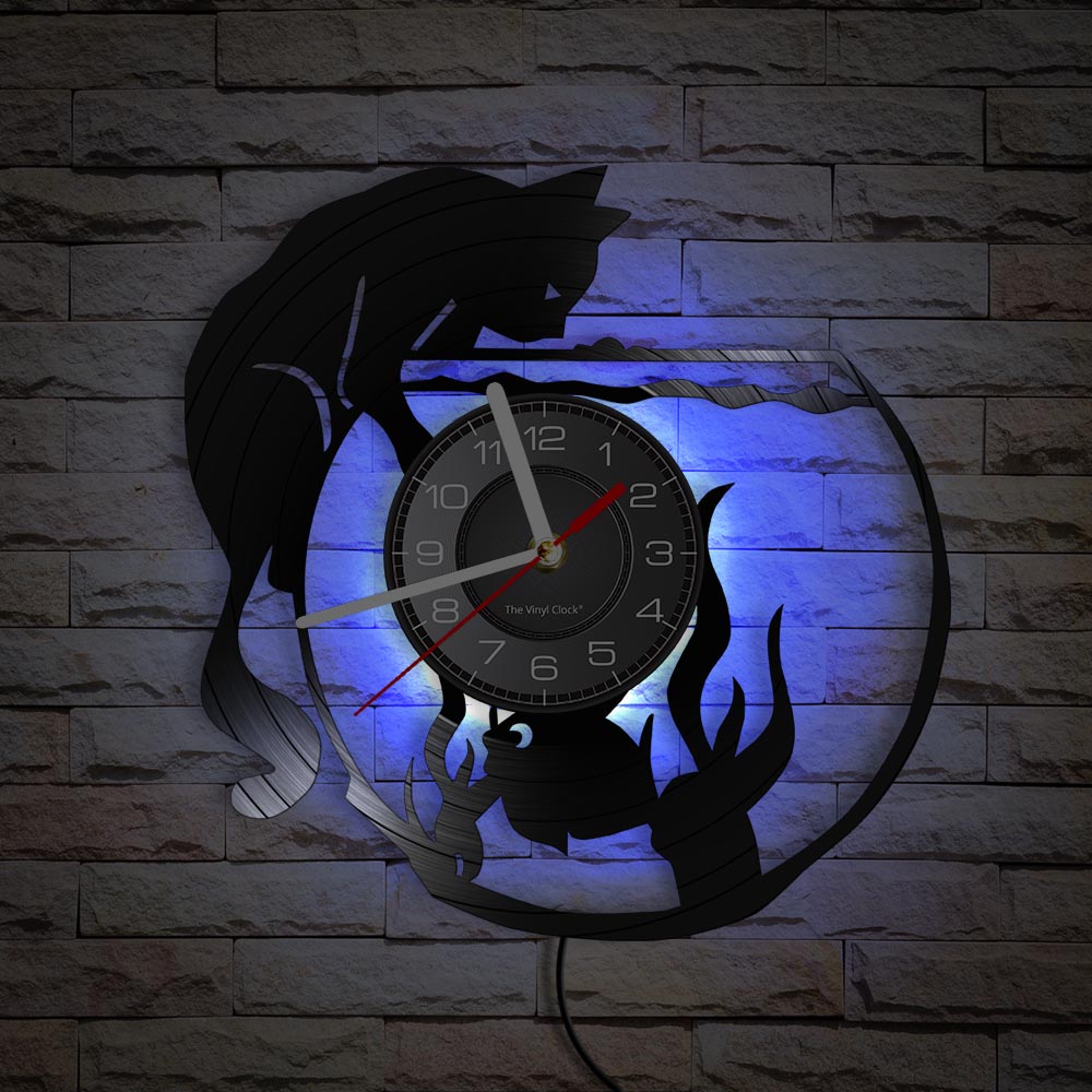 Cat Catching Fish Art Silent Quartz Wall Clock - Vinyl record style - Nekoby Cat Catching Fish Art Silent Quartz Wall Clock - Vinyl record style