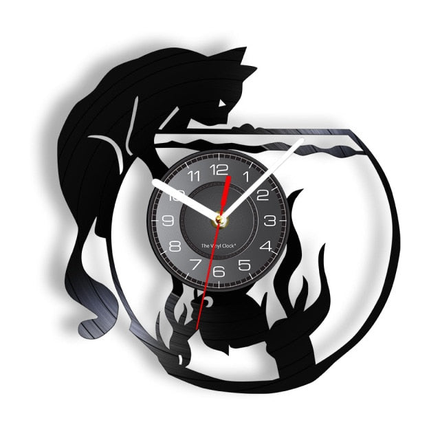 Cat Catching Fish Art Silent Quartz Wall Clock - Vinyl record style - Nekoby Cat Catching Fish Art Silent Quartz Wall Clock - Vinyl record style NO Led