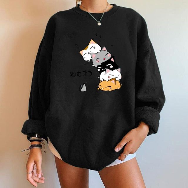 Harajuku Anime Kawaii Cute CatWomen Sweatshirts - Nekoby Harajuku Anime Kawaii Cute CatWomen Sweatshirts Black / S