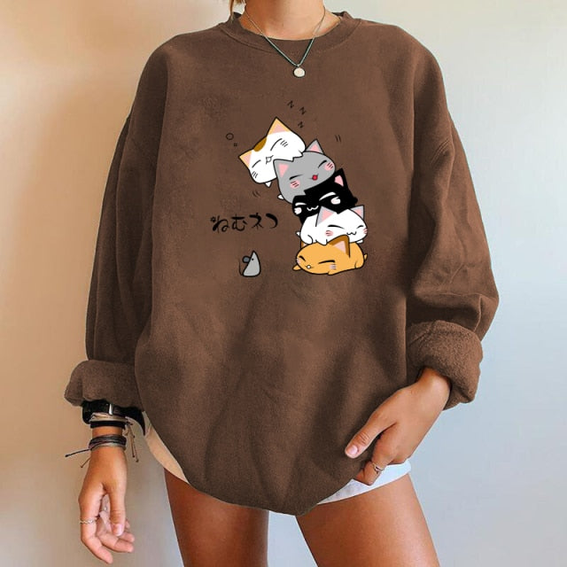 Harajuku Anime Kawaii Cute CatWomen Sweatshirts - Nekoby Harajuku Anime Kawaii Cute CatWomen Sweatshirts Coffee / XL