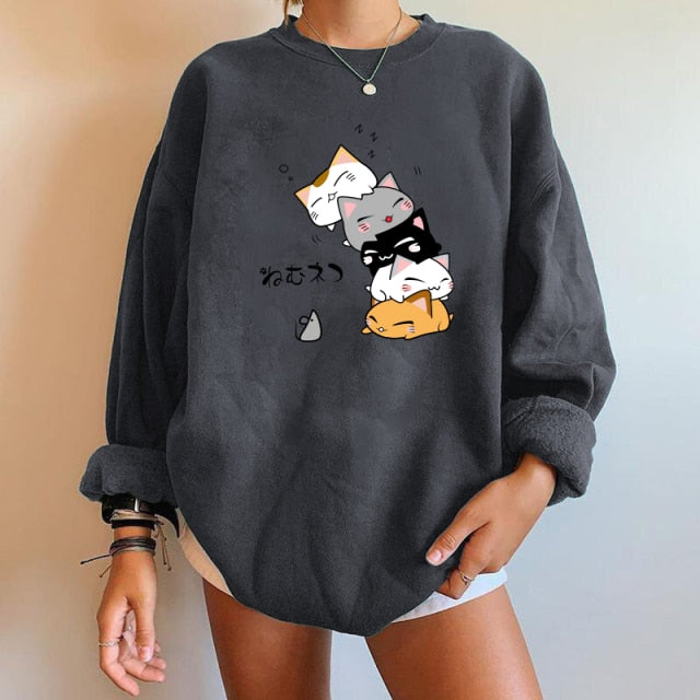 Harajuku Anime Kawaii Cute CatWomen Sweatshirts - Nekoby Harajuku Anime Kawaii Cute CatWomen Sweatshirts Dark Gray / S