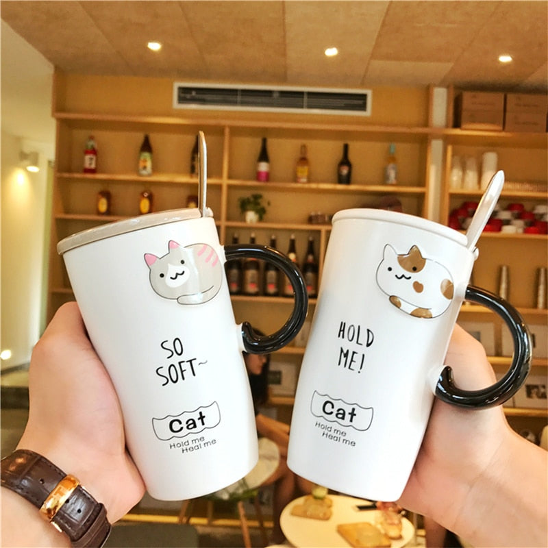 Creative cartoon cute cat ceramic cup with lid and spoon - Nekoby Creative cartoon cute cat ceramic cup with lid and spoon