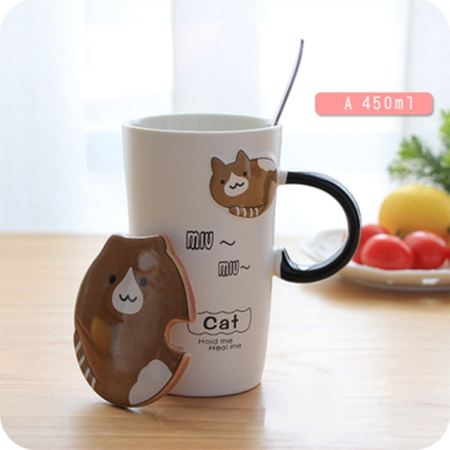 Creative cartoon cute cat ceramic cup with lid and spoon - Nekoby Creative cartoon cute cat ceramic cup with lid and spoon A / 450ML