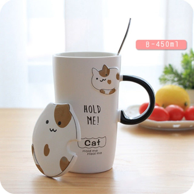 Creative cartoon cute cat ceramic cup with lid and spoon - Nekoby Creative cartoon cute cat ceramic cup with lid and spoon B / 450ML