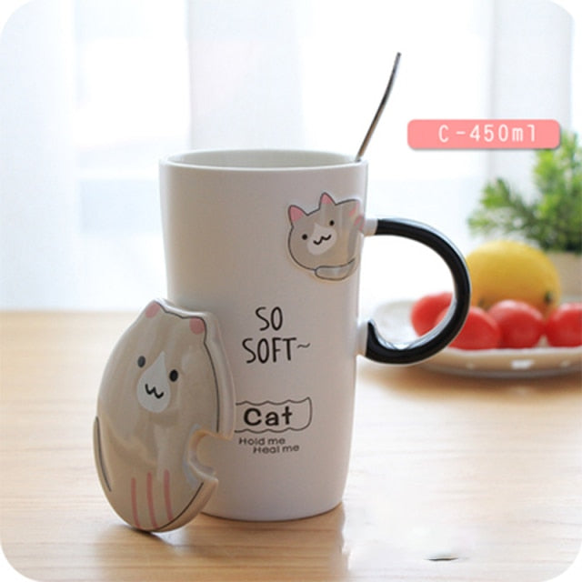Creative cartoon cute cat ceramic cup with lid and spoon - Nekoby Creative cartoon cute cat ceramic cup with lid and spoon C / 450ML