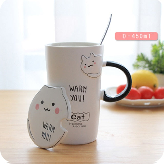 Creative cartoon cute cat ceramic cup with lid and spoon - Nekoby Creative cartoon cute cat ceramic cup with lid and spoon D / 450ML