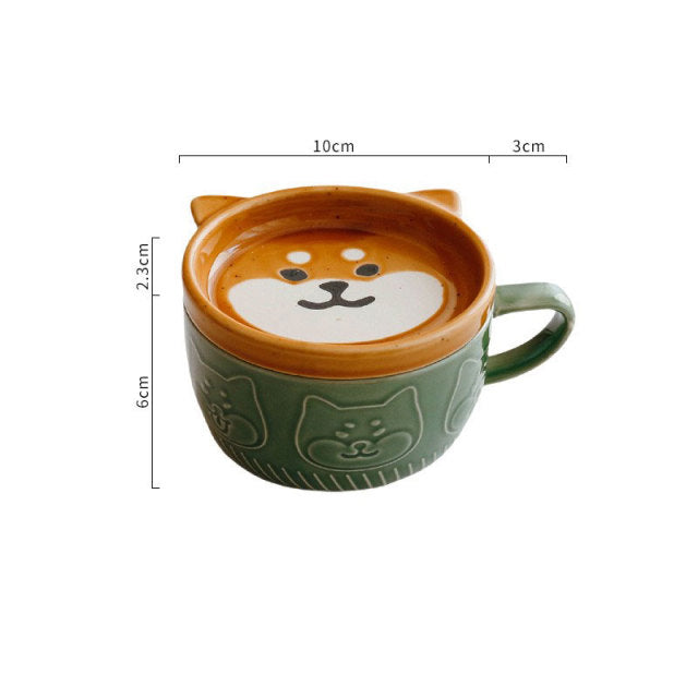Cute Shiba Cat Mug with Lid Ceramic Animal Coffee Tea Mugs - Nekoby Cute Shiba Cat Mug with Lid Ceramic Animal Coffee Tea Mugs D
