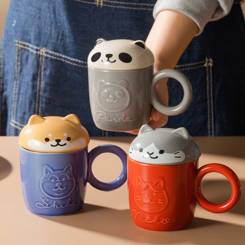 Cute Cartoon Panda Hedgehog Cat Dog Cup With Lid - Nekoby Cute Cartoon Panda Hedgehog Cat Dog Cup With Lid