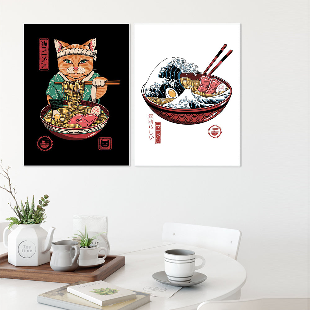 Japanese Style Samurai Cat Canvas Painting Noodle Neko Ramen Waves Abstract Watercolor Wall Art Posters Kids Room Home Decor - Nekoby Japanese Style Samurai Cat Canvas Painting Noodle Neko Ramen Waves Abstract Watercolor Wall Art Posters Kids Room Home Decor