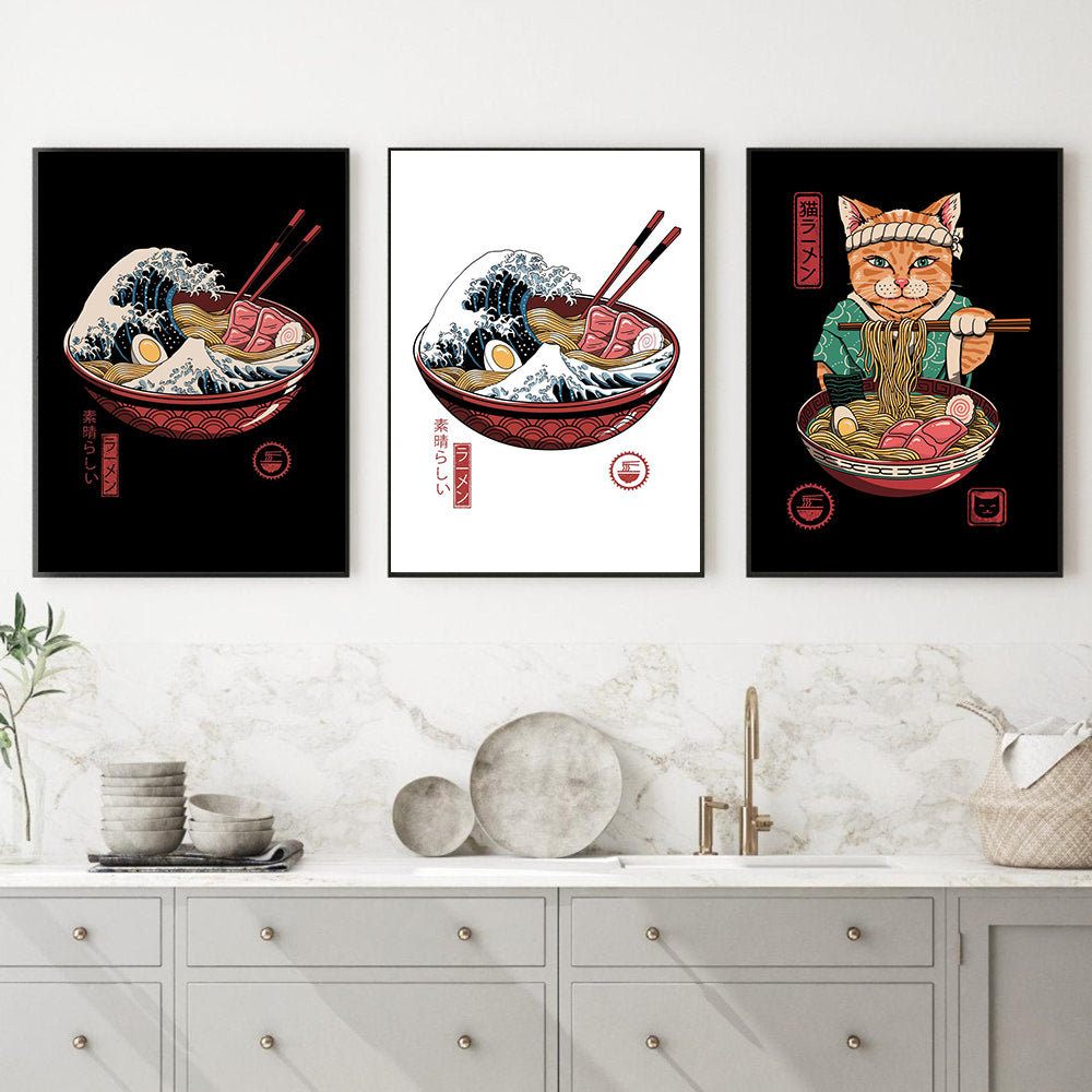 Japanese Style Samurai Cat Canvas Painting Noodle Neko Ramen Waves Abstract Watercolor Wall Art Posters Kids Room Home Decor - Nekoby Japanese Style Samurai Cat Canvas Painting Noodle Neko Ramen Waves Abstract Watercolor Wall Art Posters Kids Room Home Decor