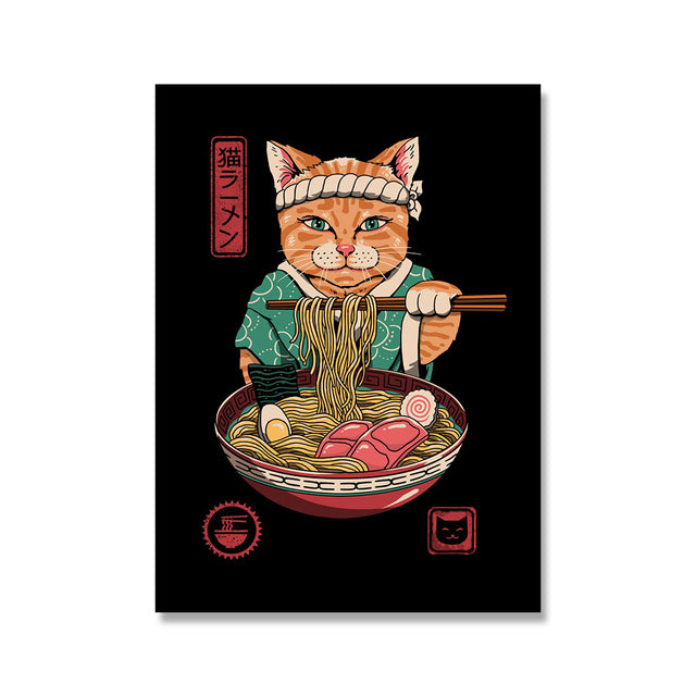 Japanese Style Samurai Cat Canvas Painting Noodle Neko Ramen Waves Abstract Watercolor Wall Art Posters Kids Room Home Decor - Nekoby Japanese Style Samurai Cat Canvas Painting Noodle Neko Ramen Waves Abstract Watercolor Wall Art Posters Kids Room Home Decor 13x18cm No Frame / Picture 3
